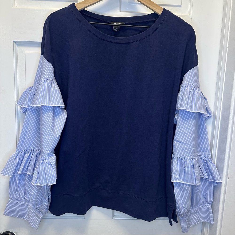 Halogen Dark Blue Sweatshirt with Striped‎ Ruffle Sleeves